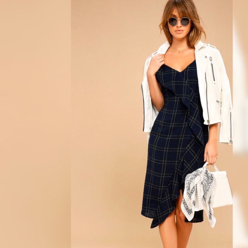 Lulus Navy Plaid Midi Dress Sleeveless medium
